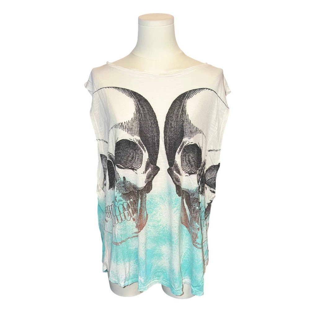 Teenage Runaway Skull Tank Top Women XL Off White Teal Good Ombre Grunge Tee